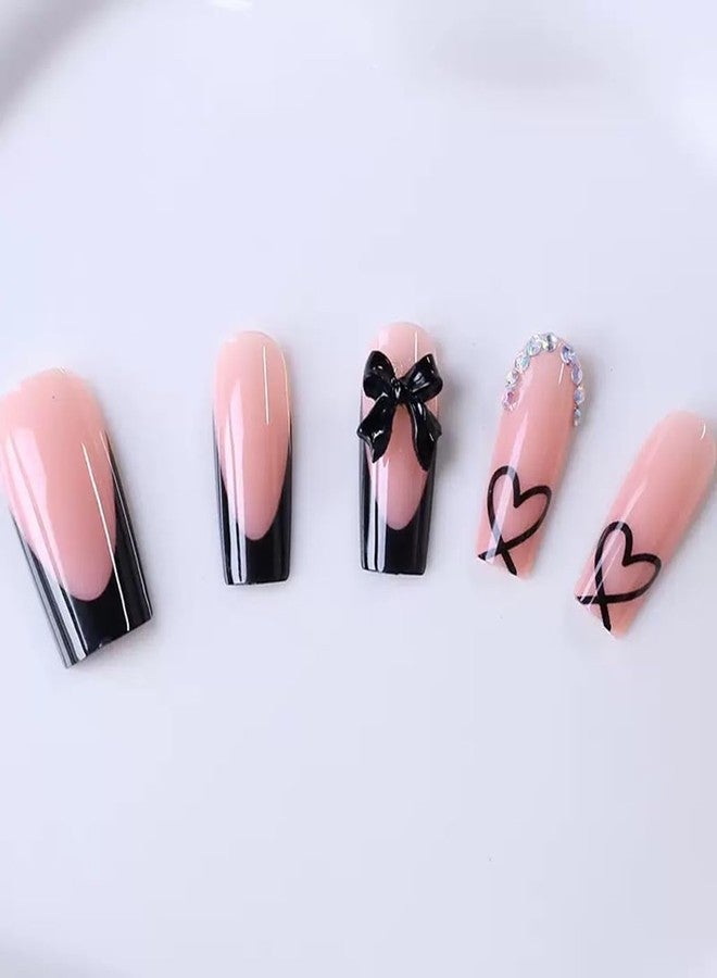 CTTHNBD Medium Press on Nails Coffin - Black French Tip Fake Nails with Bow Charms Design - Heart False Nails Press ons - for Women 24 Pcs - Image 5